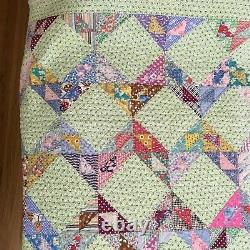 Vintage Handmade Zig Zag Quilt with Feed Sack Triangles Colorful 74x80 GC