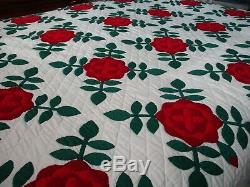 Vintage Handmade quilt 100 X 86 Red Roses pattern fine workmanship