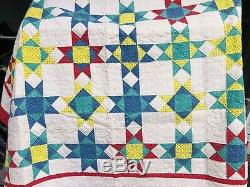 Vintage Handmade quilt 85x83 King8 Star pattern Great Colors Estate