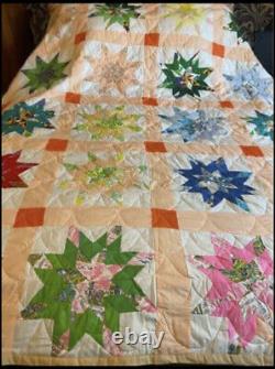 Vintage Handmade quilt Carpenters Star Orange Stitched