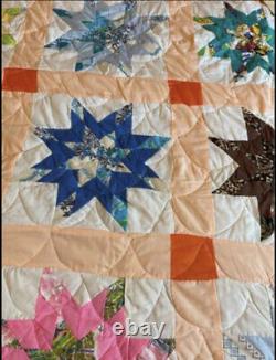 Vintage Handmade quilt Carpenters Star Orange Stitched