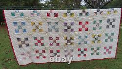 Vintage Handstitched Patchwork Quilt Unused 90x80 Multicolor w Red Trim