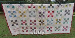 Vintage Handstitched Patchwork Quilt Unused 90x80 Multicolor w Red Trim