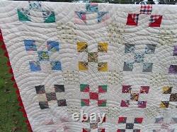 Vintage Handstitched Patchwork Quilt Unused 90x80 Multicolor w Red Trim