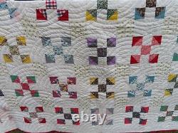 Vintage Handstitched Patchwork Quilt Unused 90x80 Multicolor w Red Trim