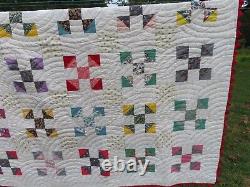 Vintage Handstitched Patchwork Quilt Unused 90x80 Multicolor w Red Trim