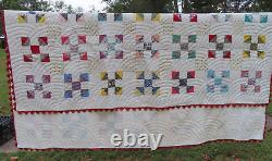 Vintage Handstitched Patchwork Quilt Unused 90x80 Multicolor w Red Trim