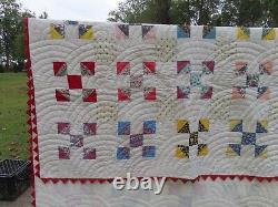 Vintage Handstitched Patchwork Quilt Unused 90x80 Multicolor w Red Trim