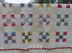 Vintage Handstitched Patchwork Quilt Unused 90x80 Multicolor w Red Trim