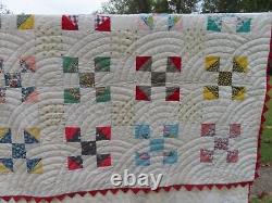 Vintage Handstitched Patchwork Quilt Unused 90x80 Multicolor w Red Trim