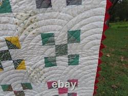 Vintage Handstitched Patchwork Quilt Unused 90x80 Multicolor w Red Trim