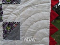 Vintage Handstitched Patchwork Quilt Unused 90x80 Multicolor w Red Trim