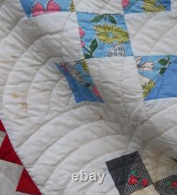 Vintage Handstitched Patchwork Quilt Unused 90x80 Multicolor w Red Trim