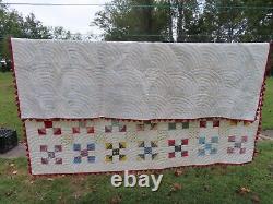 Vintage Handstitched Patchwork Quilt Unused 90x80 Multicolor w Red Trim