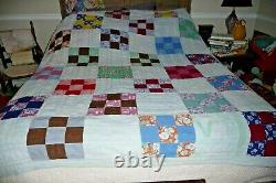 Vintage Heavy 9 Nine Patch Quilt Feedsack Front BLUE RED 62x80 GUC! FREE Ship