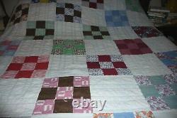 Vintage Heavy 9 Nine Patch Quilt Feedsack Front BLUE RED 62x80 GUC! FREE Ship