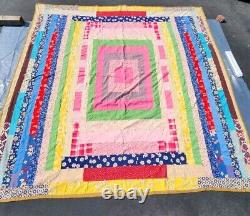 Vintage Heavy Hand Stitched Colorful Patchwork Quilt 104 X 102