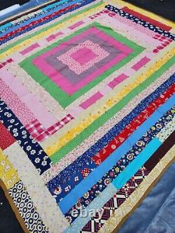 Vintage Heavy Hand Stitched Colorful Patchwork Quilt 104 X 102