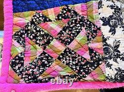 Vintage Hot Pink Backed Preppy Handmade Quilt 74 By 60 Reversible Groovy WOW