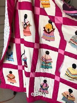 Vintage Indian Squaw Maiden Handmade Quilt Native American 70x80 Pink