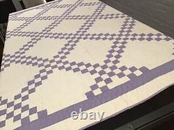 Vintage Irish Chain Quilt, lavender purple and white, wreath hand quilted EUC