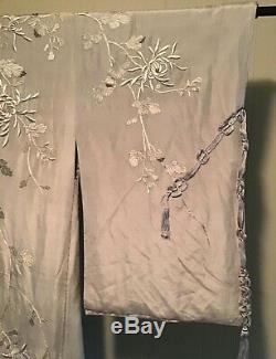 Vintage Japanese Handmade Embroidered Silk Quilted Kimono Robe Silvery Gray 65L
