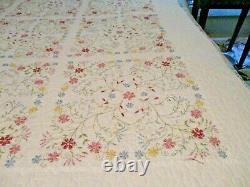 Vintage KING /QUEEN SIZE Hand Made Quilt Elaborate Floral Embroidery 114 x 94