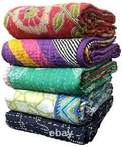 Vintage Kantha Bedspread Indian Handmade Quilt Throw Cotton Blanket Twin 85X55