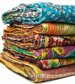 Vintage Kantha Bedspread Indian Handmade Quilt Throw Cotton Twin Floral Print