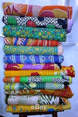 Vintage Kantha Quilt Reversible Throw Gudri Wholesale Handmade Indian 10 Pcs