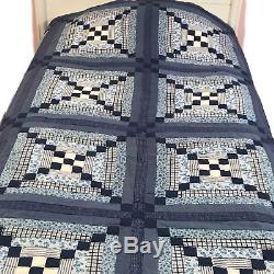 Vintage King Handmade Checkered Blue 9 Patch Type Square Checkered Quilt Blanket