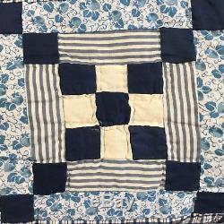 Vintage King Handmade Checkered Blue 9 Patch Type Square Checkered Quilt Blanket