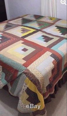 Vintage King Size Log Cabin Hand Made Quilt Brown Tan Yellow