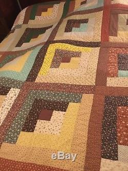 Vintage King Size Log Cabin Hand Made Quilt Brown Tan Yellow