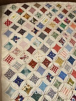 Vintage Large CATHEDRAL WINDOW QUILT Hand Pieced Muslin Calico Prints 69x88