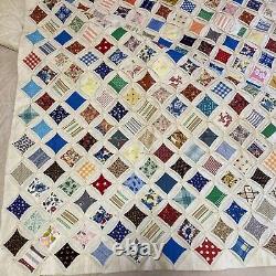 Vintage Large CATHEDRAL WINDOW QUILT Hand Pieced Muslin Calico Prints 69x88