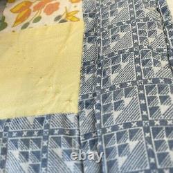 Vintage Large Diamond Flour Sack QUILT, 2x2 sq Hand Quilted Pink Yellow Blue