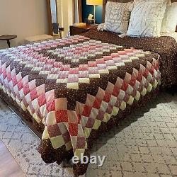 Vintage MCM Retro HAND STITCHED Bed Quilt Earth Tone Square Fits King Or Queen