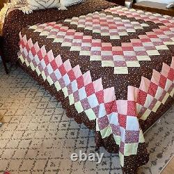 Vintage MCM Retro HAND STITCHED Bed Quilt Earth Tone Square Fits King Or Queen