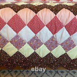 Vintage MCM Retro HAND STITCHED Bed Quilt Earth Tone Square Fits King Or Queen