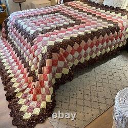 Vintage MCM Retro HAND STITCHED Bed Quilt Earth Tone Square Fits King Or Queen