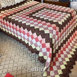 Vintage MCM Retro HAND STITCHED Bed Quilt Earth Tone Square Fits King Or Queen