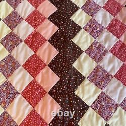 Vintage MCM Retro HAND STITCHED Bed Quilt Earth Tone Square Fits King Or Queen