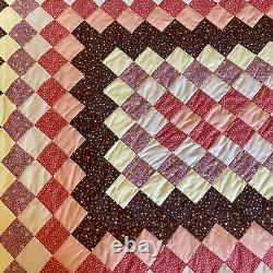 Vintage MCM Retro HAND STITCHED Bed Quilt Earth Tone Square Fits King Or Queen