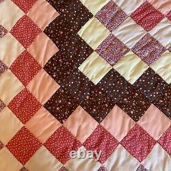 Vintage MCM Retro HAND STITCHED Bed Quilt Earth Tone Square Fits King Or Queen