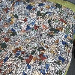 Vintage MCM quilt Modern fabrics cotton 65 x 80 green border hand sewn handmade