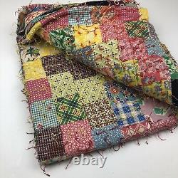 Vintage Multicolor Handmade Quilt Floral Checked Mixed Patterns Yarn Fringe VTG