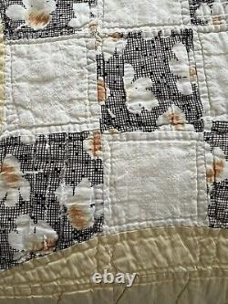 Vintage Nine Patch Circle Quilt Yellow White Black Flowers 65x73