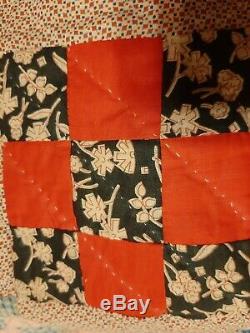 Vintage Nine Patch Feed Sack Hand Made Vintage Quilt 1940s. 70x84