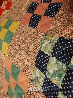 Vintage Nine Patch Feed Sack Hand Made Vintage Quilt 1940s. 70x84